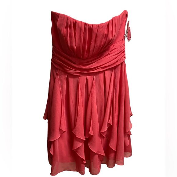 NWT David’s Bridal Strapless Shutter Pleated Chiffon Dress in Guava Pink SZ 14 - Picture 2 of 5